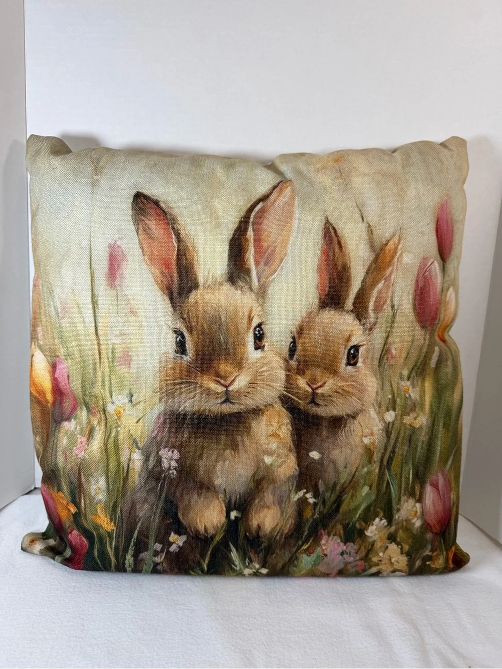 Bunny Rabbit Floral 17 x 17 Inch Pillow With Core Country Farmhouse Cottage Core